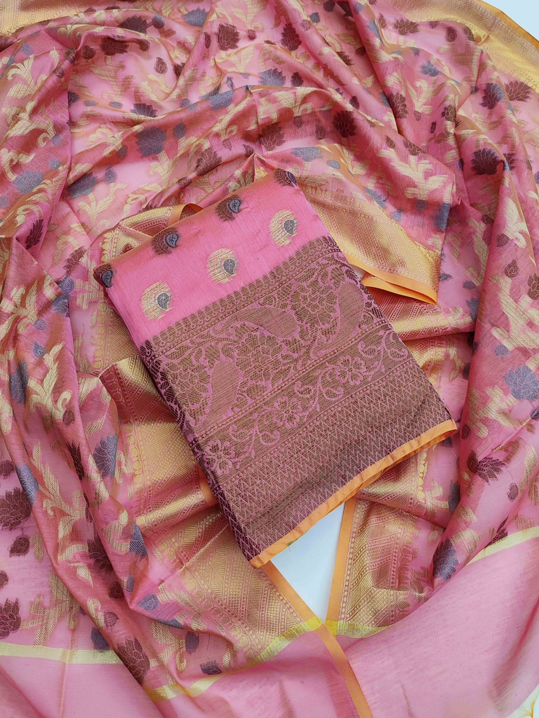 

HERE&NOW Ethnic Motifs Woven Design Banarasi Jacquard Silk Unstitched Dress Material, Pink