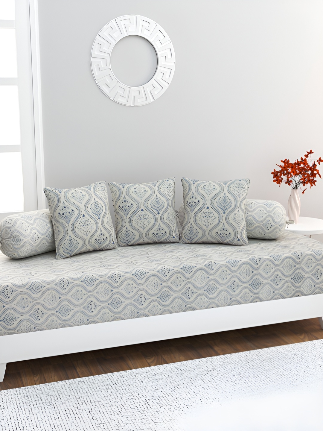 

HOME AFFAIRS White & Blue 6 Pieces Floral Printed Pure Cotton 160 TC Single Diwan Set