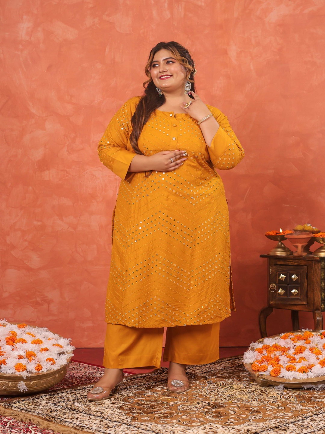 

LALI JAIPUR Plus Size Mirror Work Pure Cotton Kurta With Palazzos, Mustard