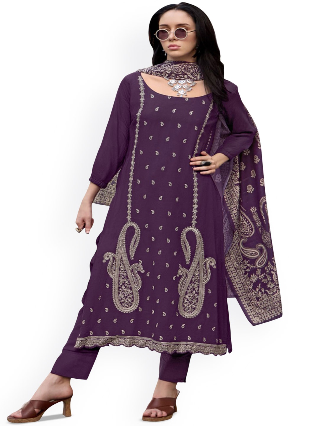 

DRAVINAM Trends Paisley Embroidered Pashmina Unstitched Dress Material, Purple