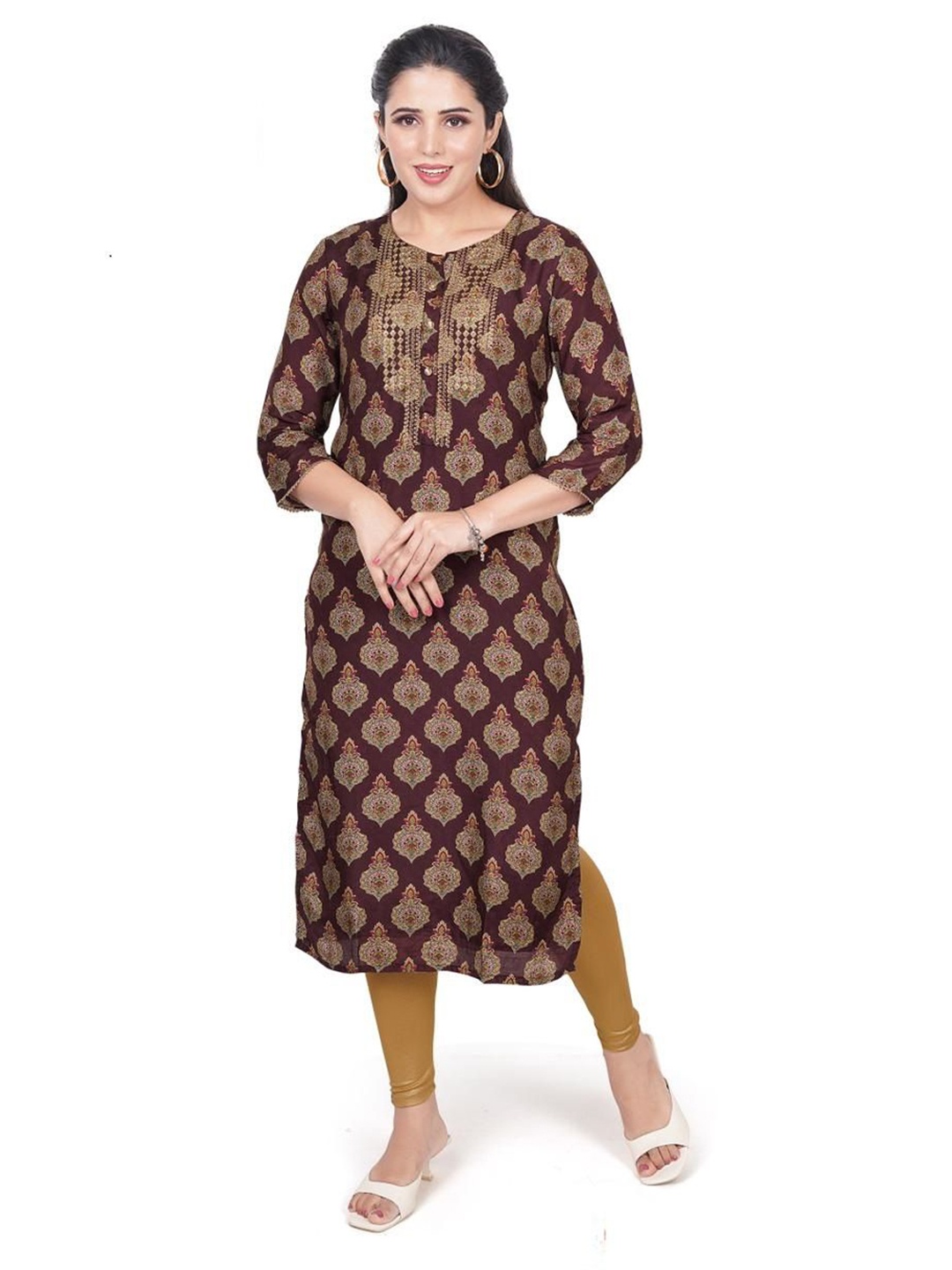 

KRITHA Ethnic Motifs Printed Pure Silk Straight Kurta, Maroon