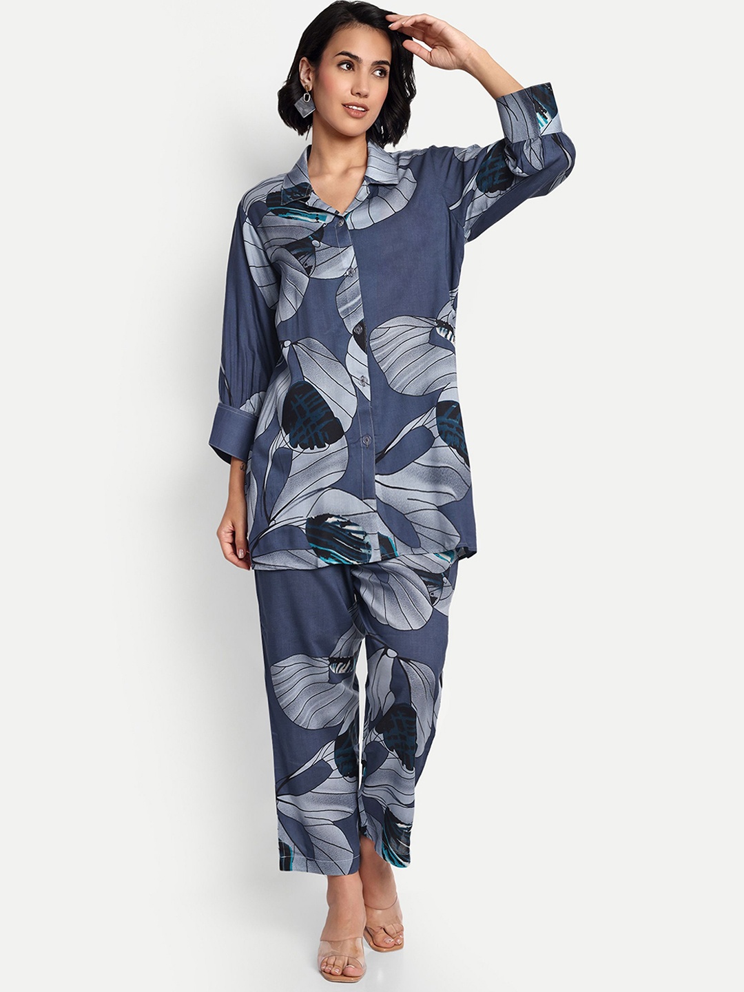 

GAB Floral Printed Shirt Collar Pure Cotton Shirt And Trousers, Grey