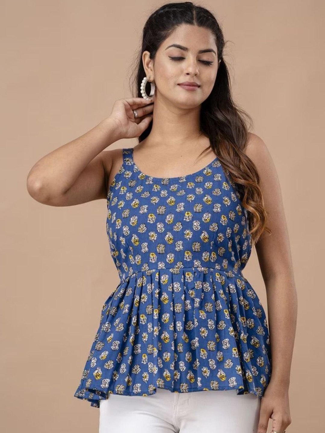 

Rangun Floral Print Peplum Top, Blue
