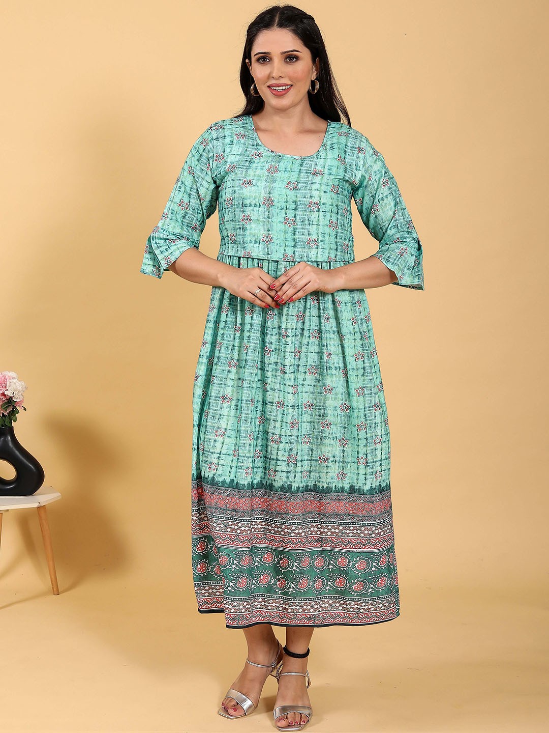 

RITIJYA Floral Printed Round Neck Zipless Maternity Ethnic Dresses, Green