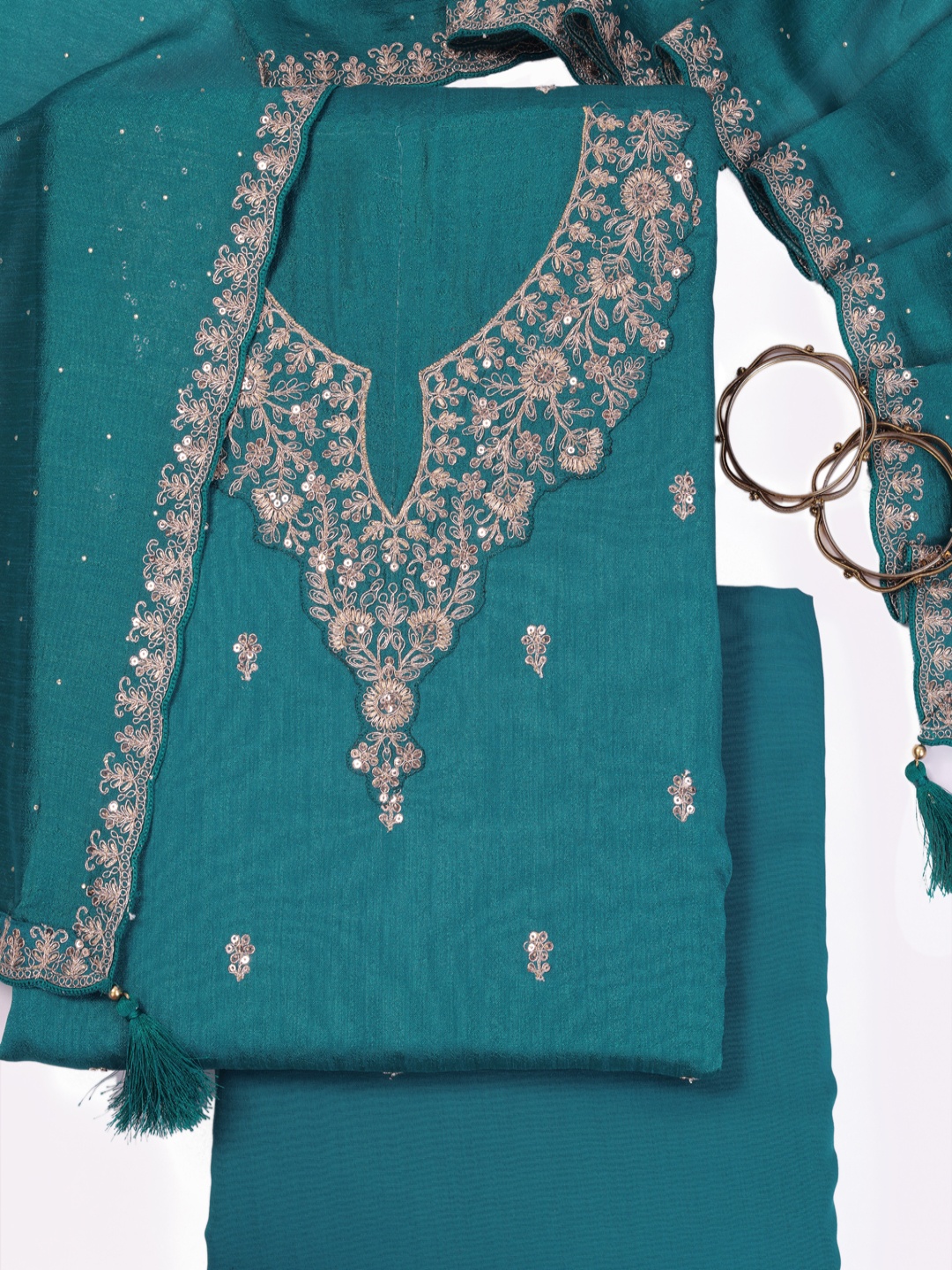 

KULEESH Floral Embroidered Silk Georgette Unstitched Dress Material, Green