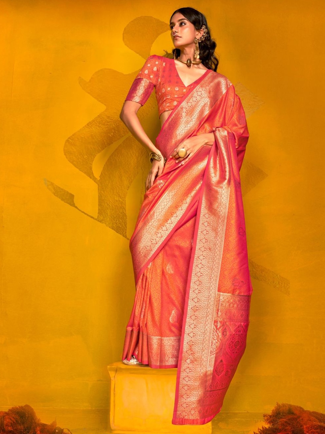 

BLENDIFY Woven Design Zari Banarasi Saree, Orange