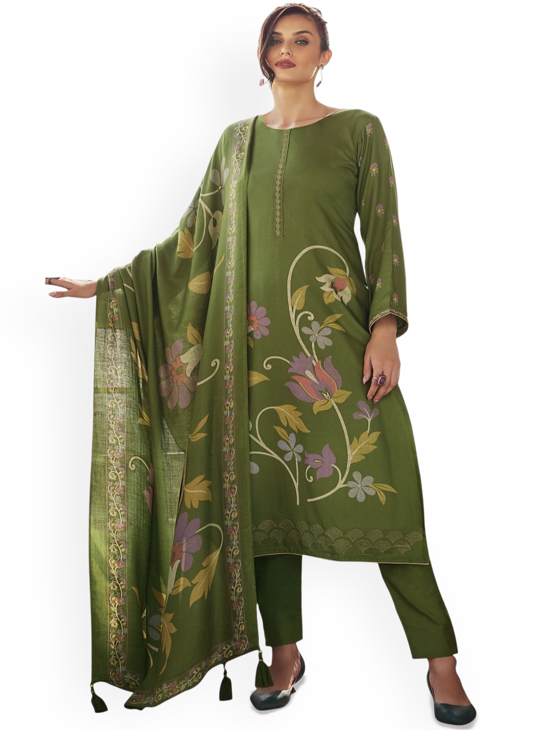 

DRAVINAM Trends Floral Printed Pashmina Unstitched Dress Material, Green