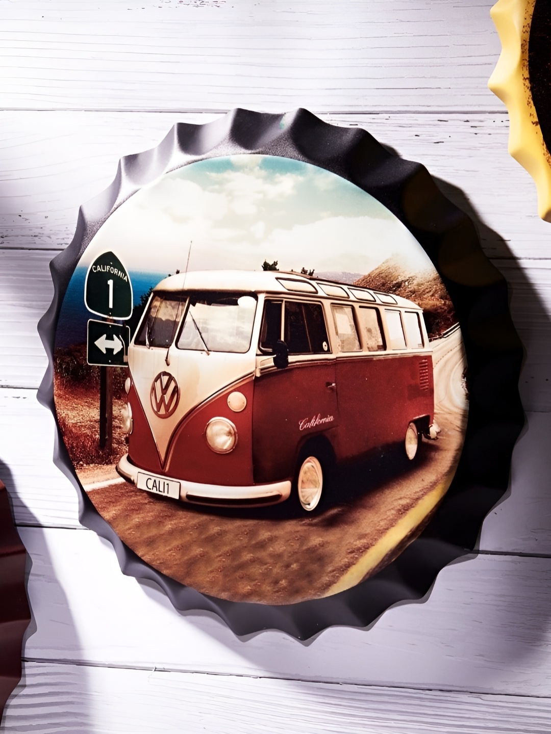 

eazy wagon White And Brown Volkswagen Bus Printed Bottle Caps Wall Decor