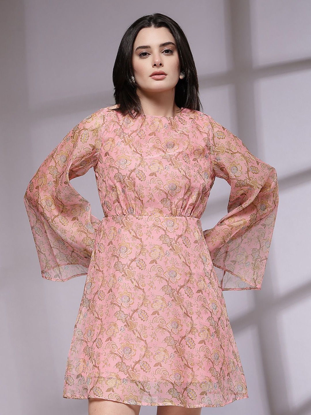 

KASSUALLY Floral Print Bell Sleeve Fit & Flare Dress, Peach