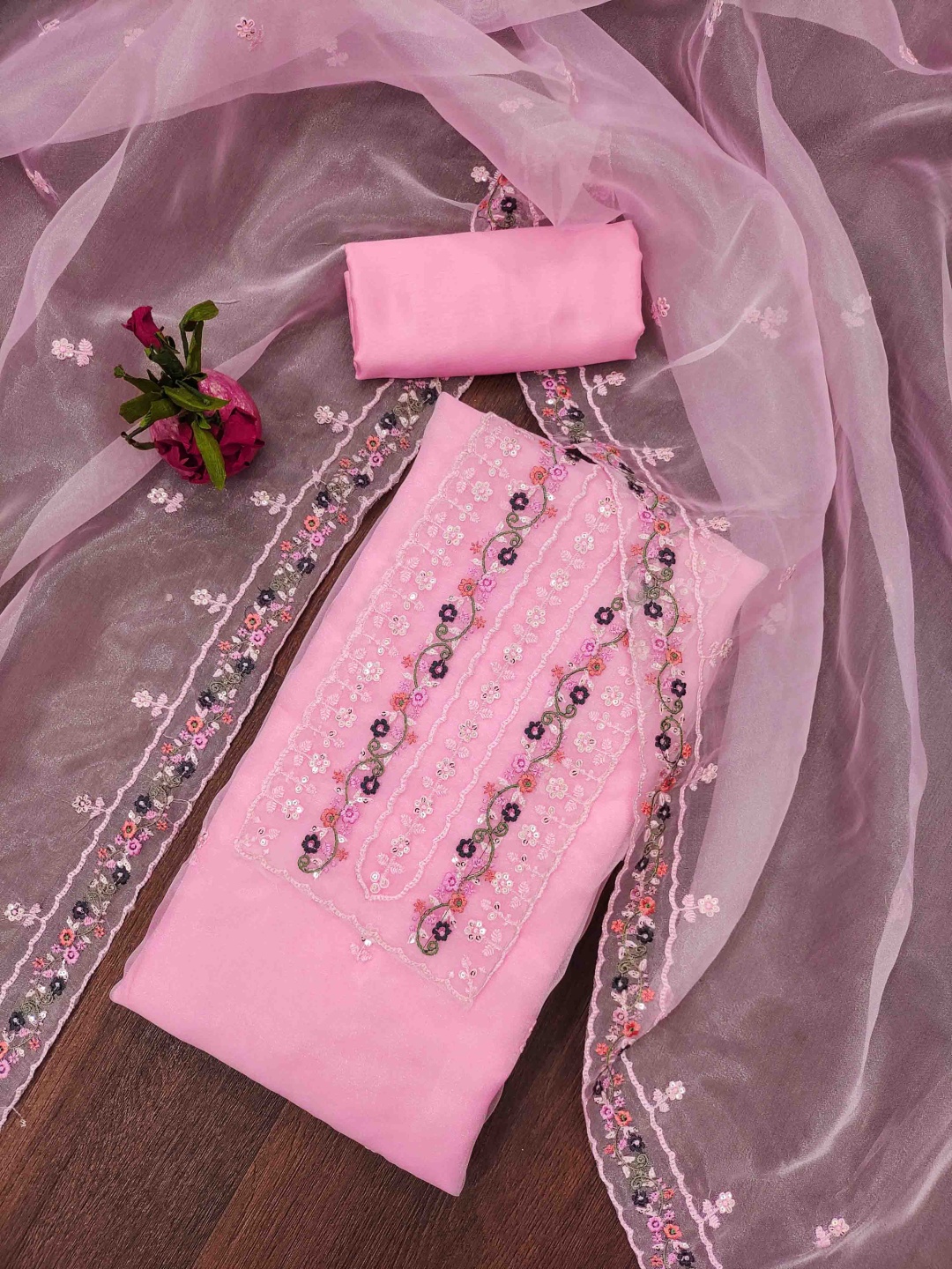 

KIMISHA Floral Embroidered Organza Unstitched Dress Material, Pink