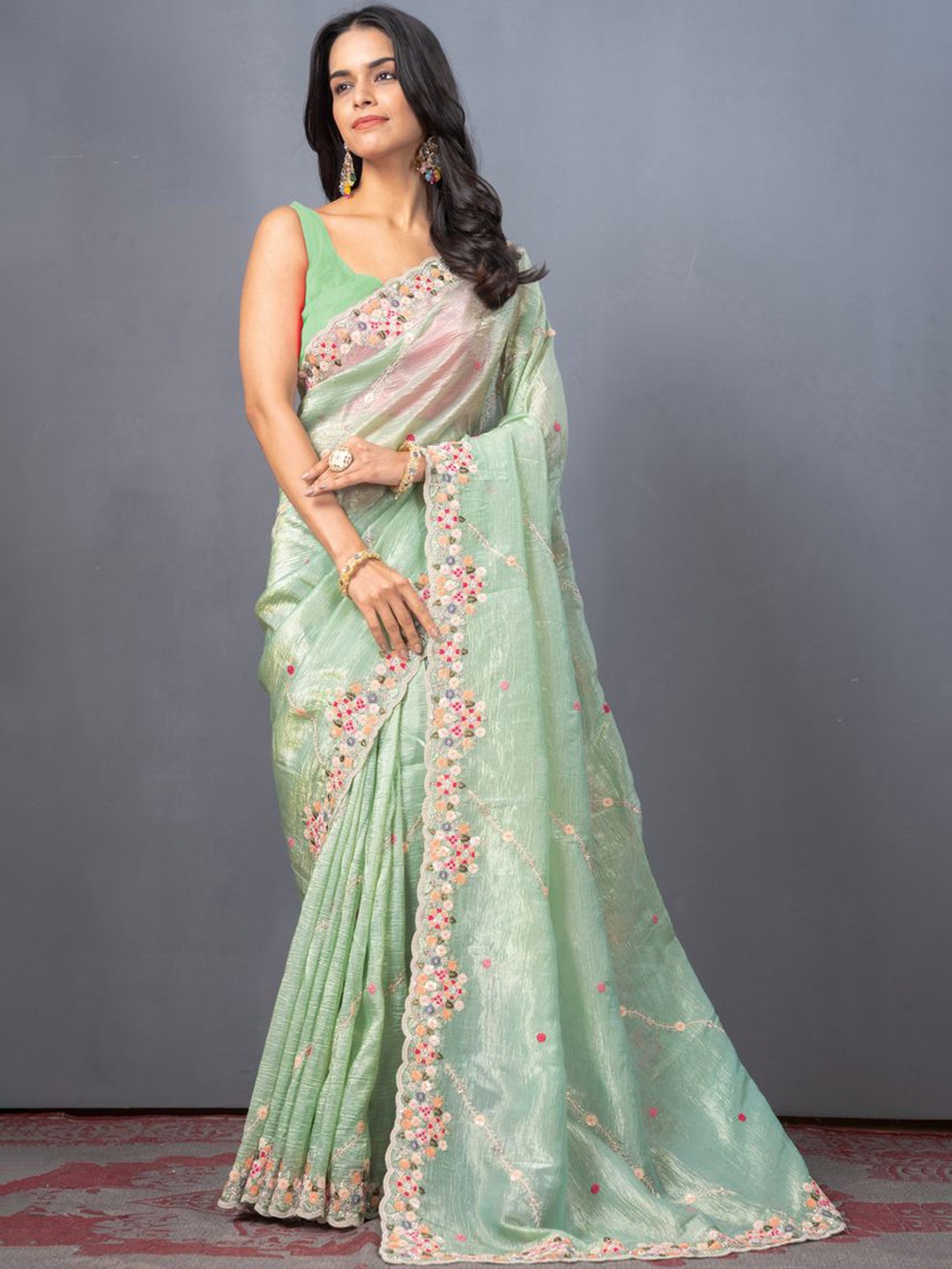 

KAJREE Floral Embroidered Tissue Jamdani Saree, Sea green