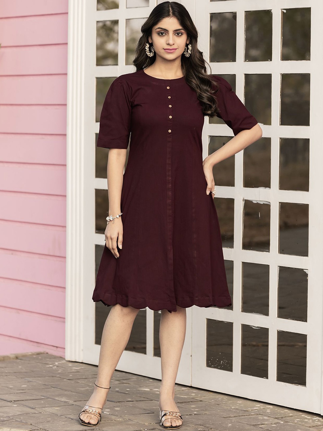 

MITTOO Cotton Dyed Fit and Flare Dresses, Burgundy
