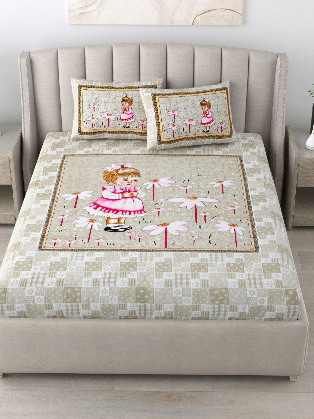 

BED-SHEET.COM Beige Abstract Printed180 TC Pure Cotton King Bedsheet Set