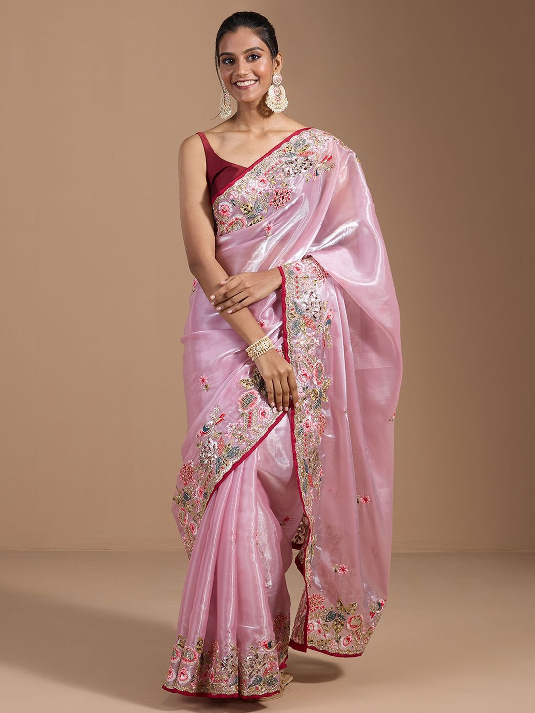 

AWRIYA Floral Embroidered Organza Saree, Pink