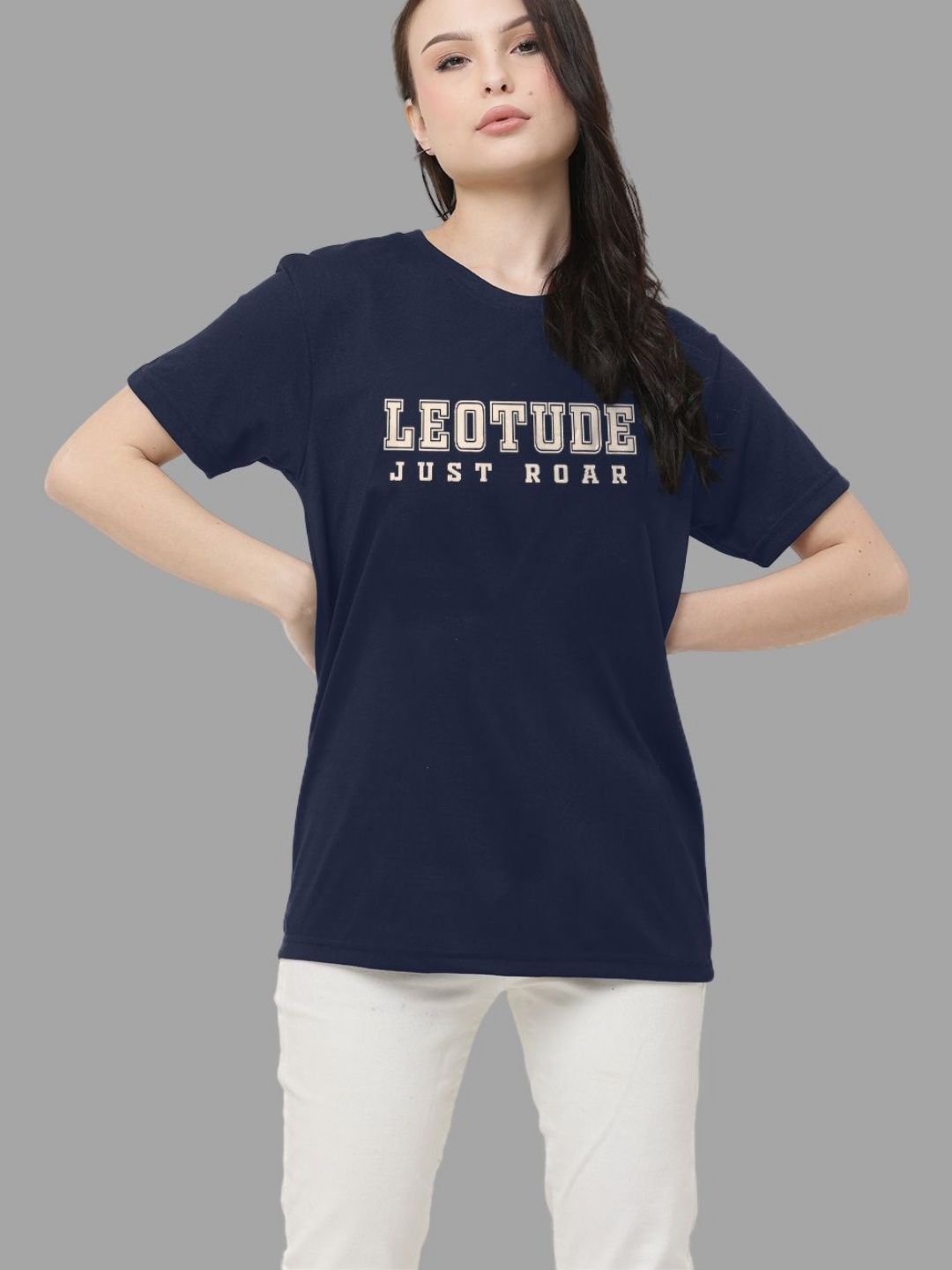 

Leotude Women Typography Printed Round Neck Cotton T-shirt, Navy blue