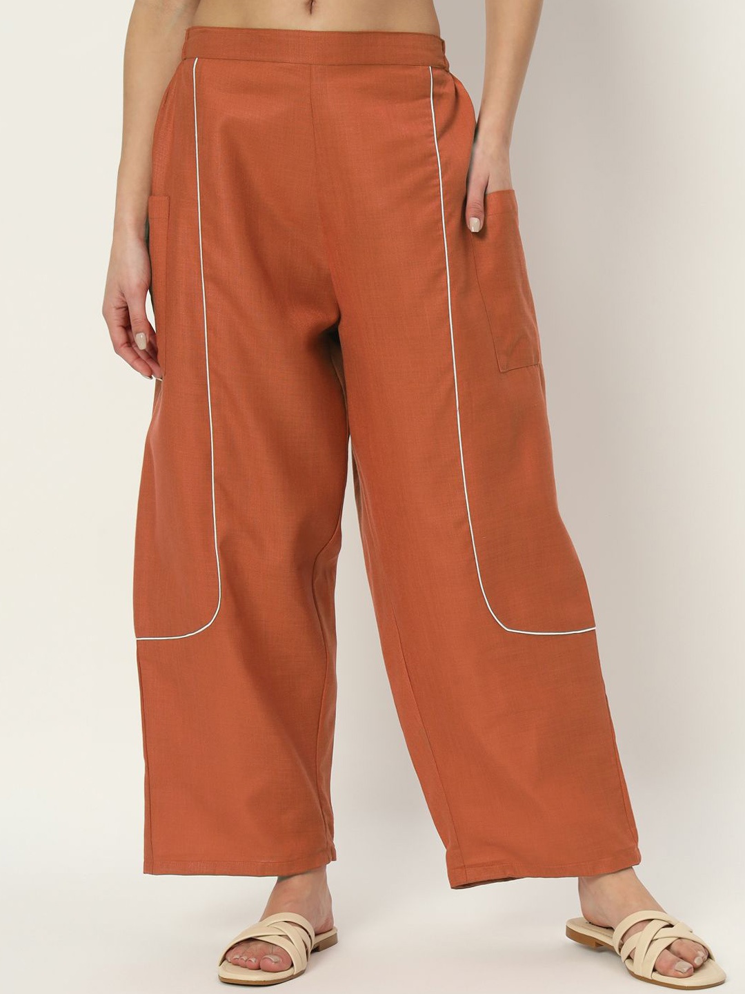

9rasa Women Cotton Straight Palazzos, Rust