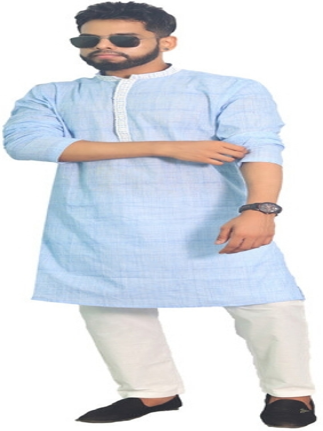 

House of Aqss Mandarin Collar Thread Work Pure Cotton Kurta with Pyjama, Blue