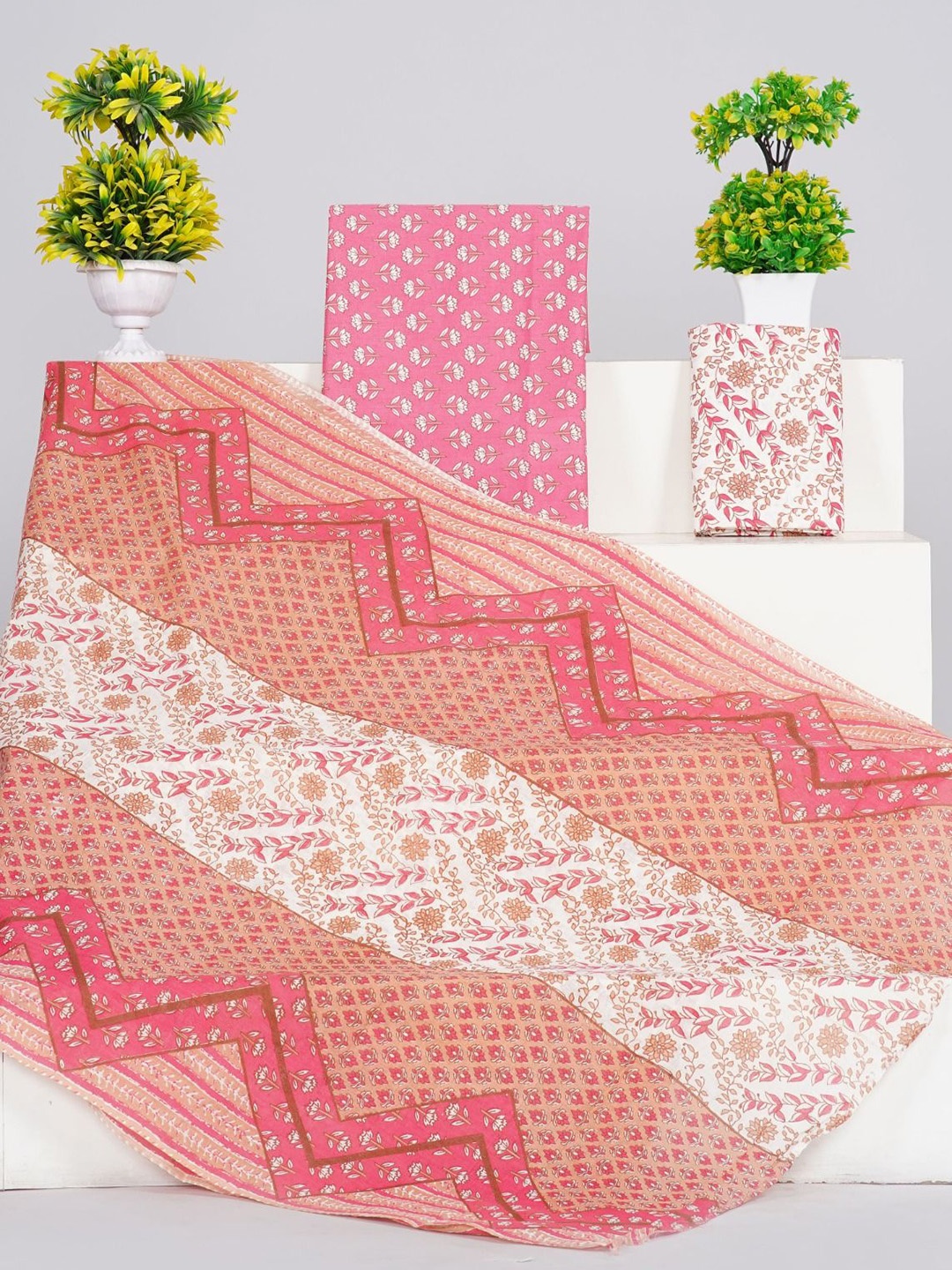 

clothonus Floral Printed Hand Block Pure Cotton Unstitched Dress Material, Pink