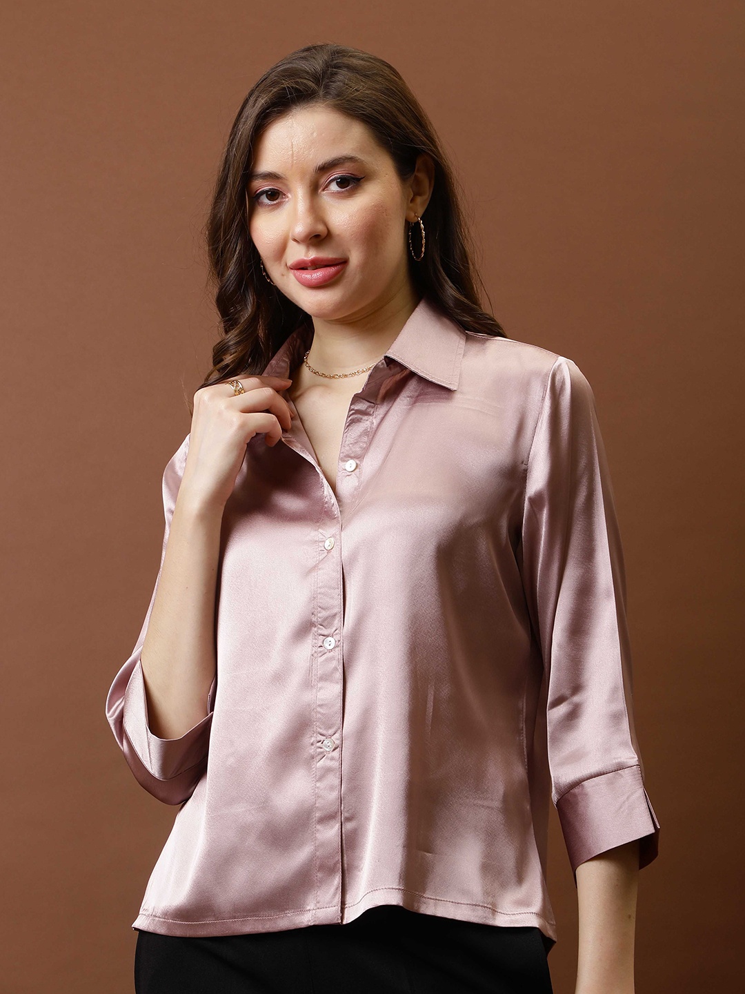 

Athena Immutable Women Relaxed Fit Spread Collar Solid Casual Shirt, Pink