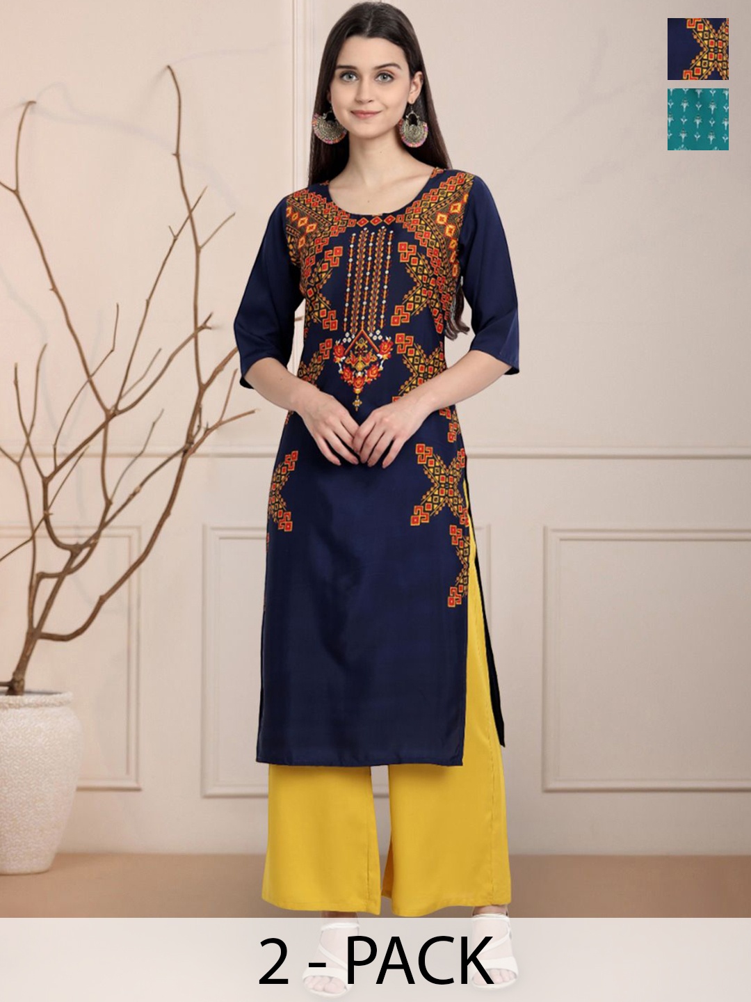 

Moda Rapido Navy Blue & Green Selection Of 2 Ethnic Motifs Printed Straight Kurtas