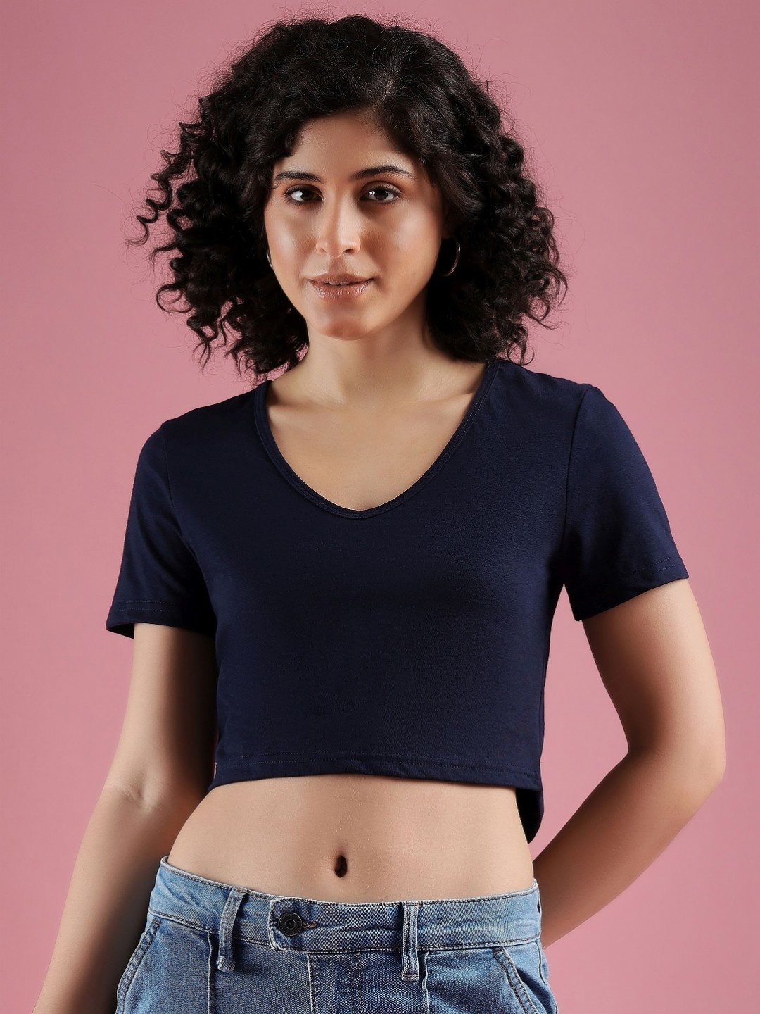 

DressBerry Women Solid V-Neck Cotton Boxy T-shirt, Navy blue