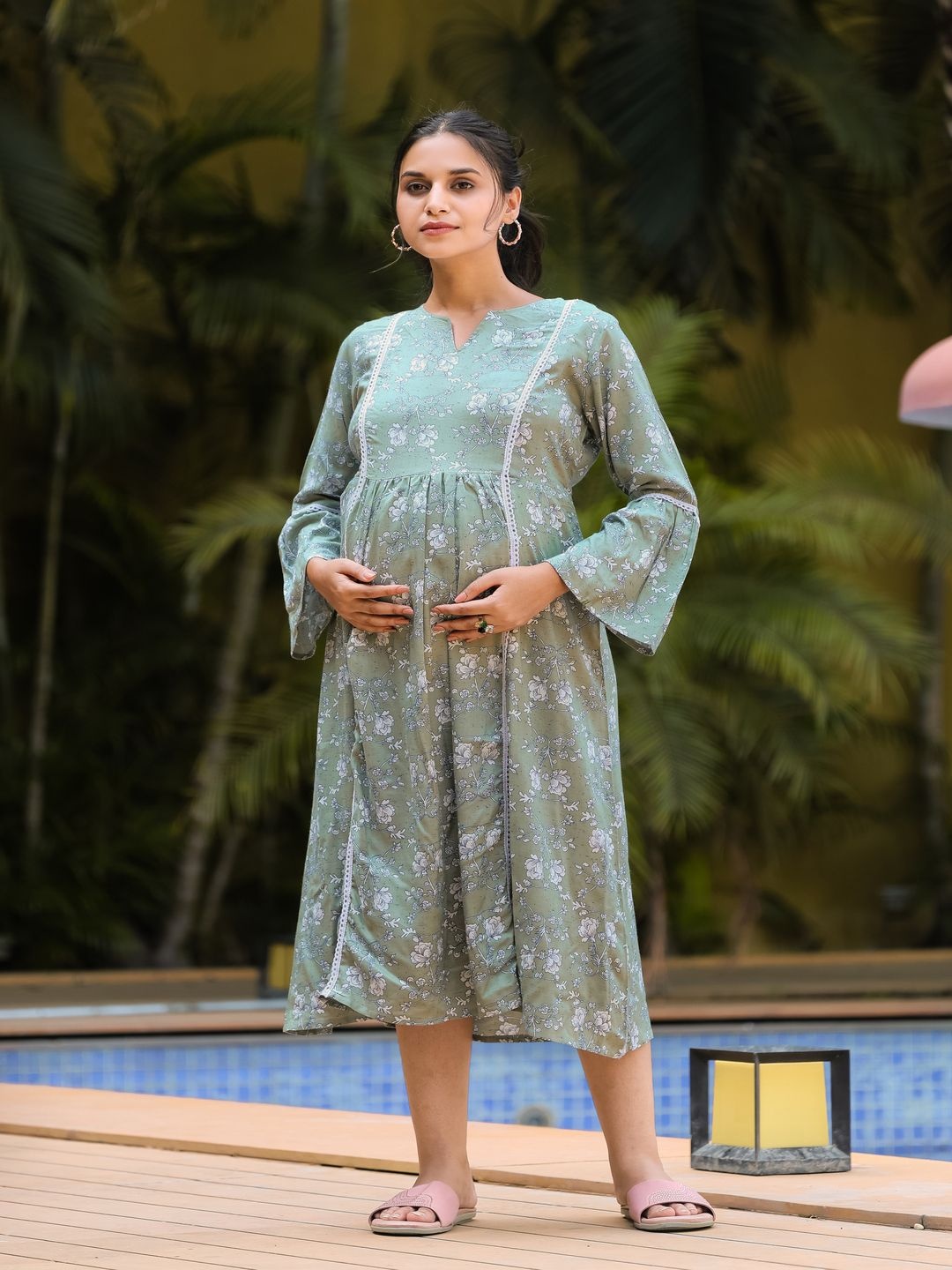 

SWEET MOON Floral Printed Notch Neck Fit and Flare Maternity Midi Dress, Green