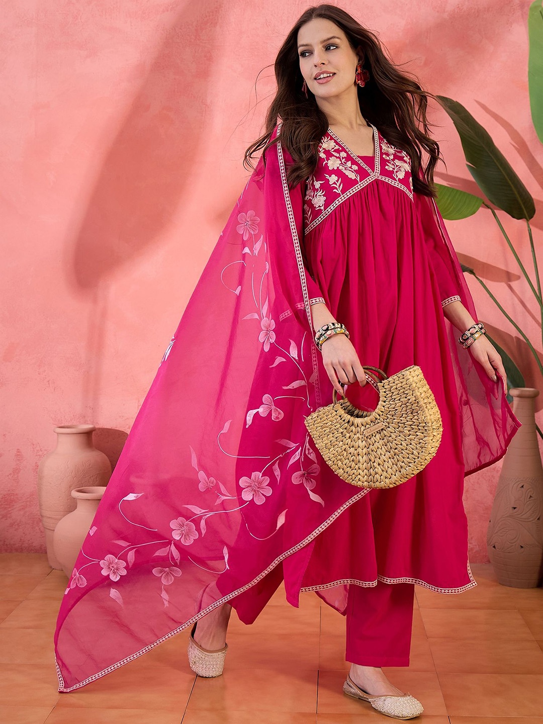 

Sangria Pink Floral Yoke Design Empire V-Neck Pure Cotton Kurta With Trouser And Dupatta