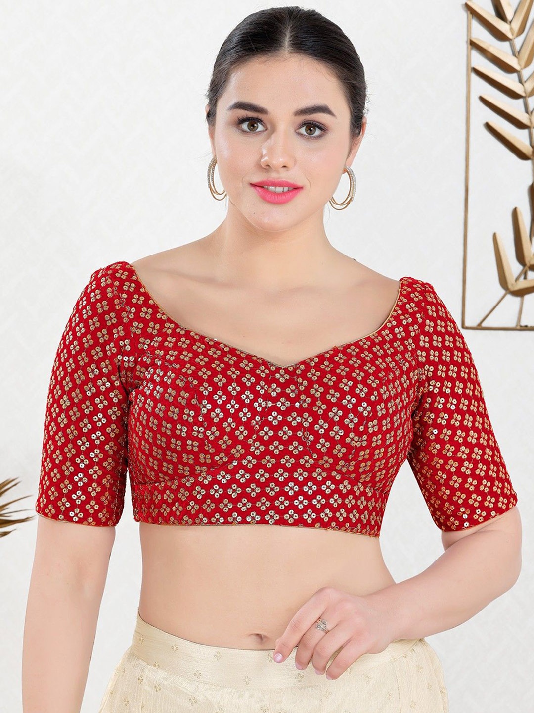 

Mmore Embroidered Saree Blouse, Red