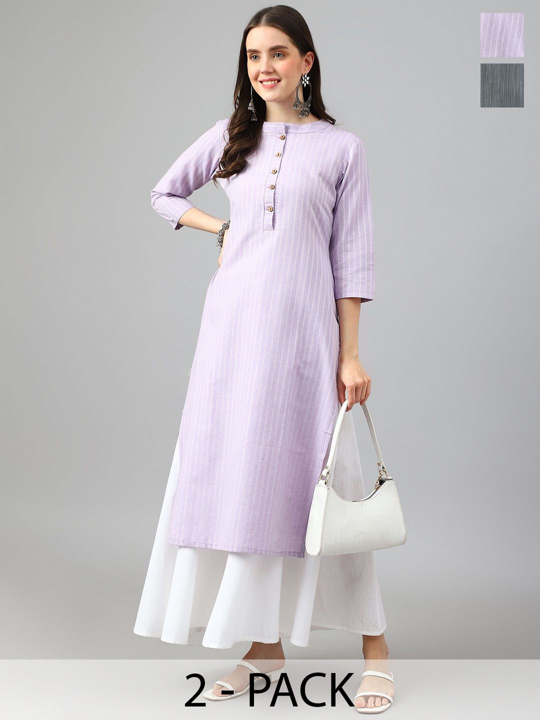 

KALINI Selection Of 2 Striped Round Neck Straight Kurtas, Lavender