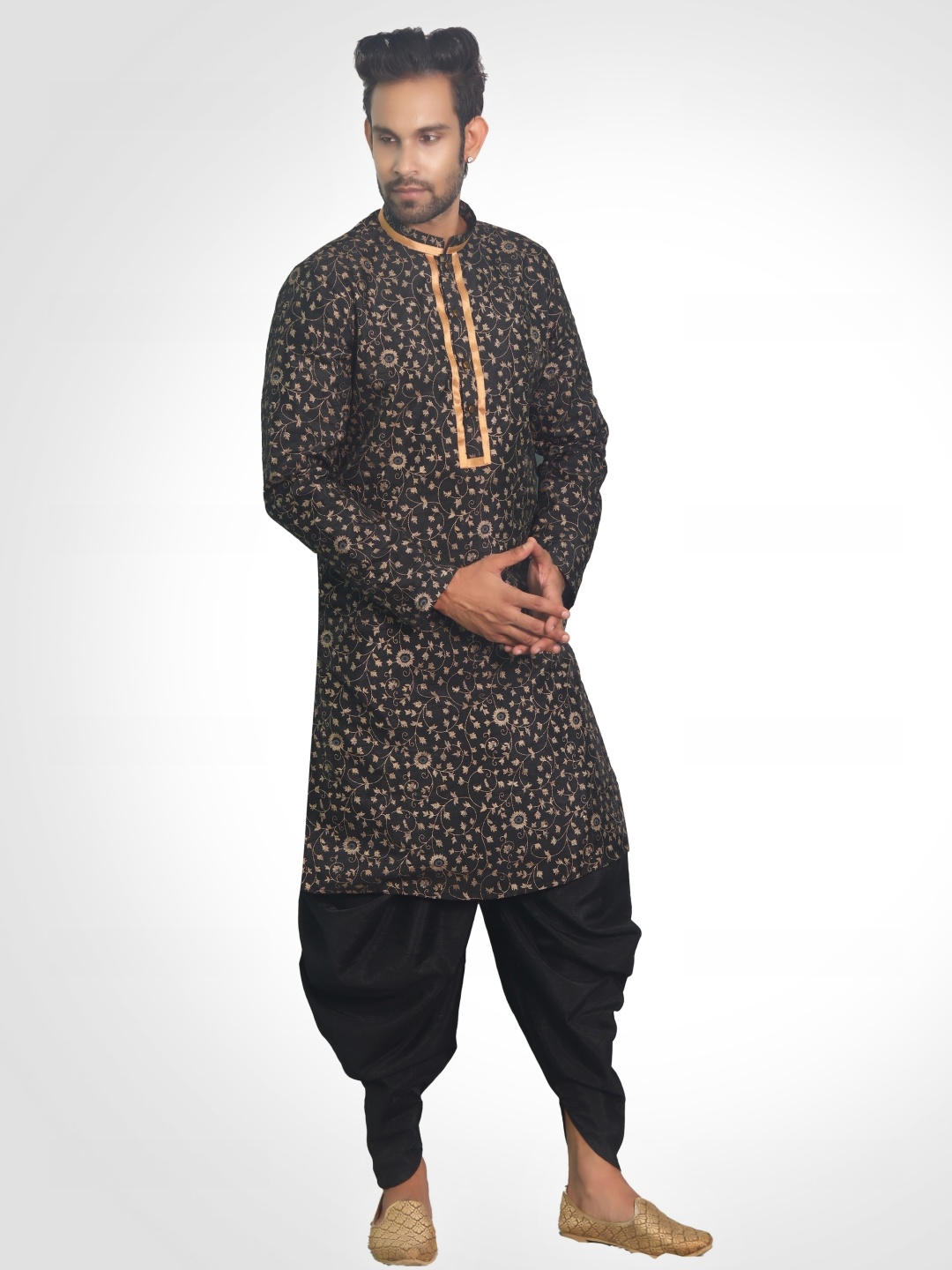 

House of Aqss Floral Printed Mandarin Collar Kurta With Dhoti Pants, Black