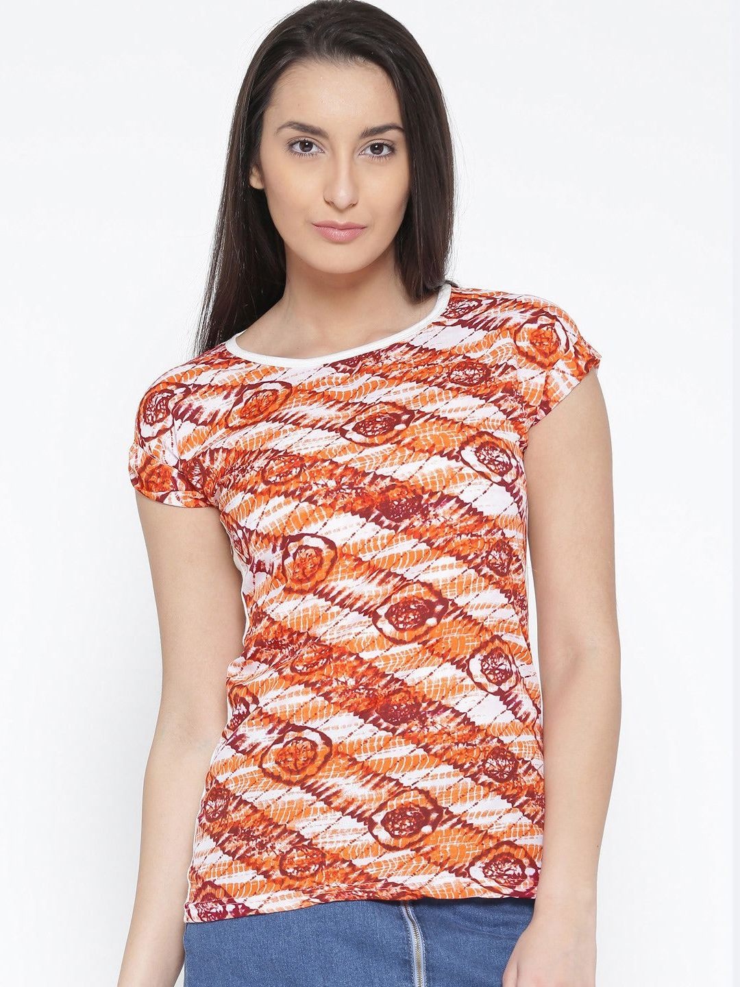 

Moda Rapido Women Abstract Printed Boat Neck Cotton Slim Fit T-shirt, Orange