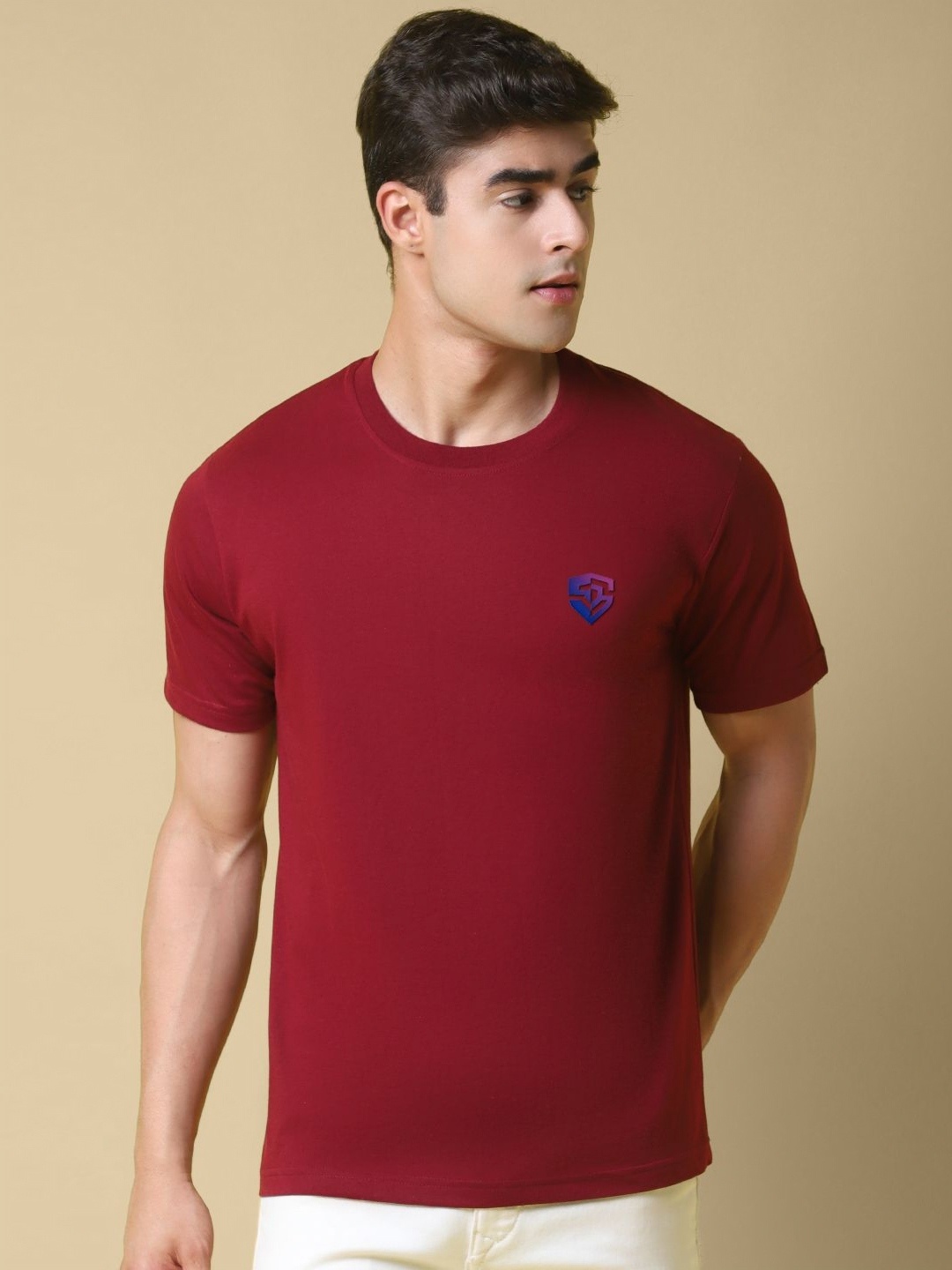 

SZN Men Solid Round Neck Cotton T-shirt, Maroon