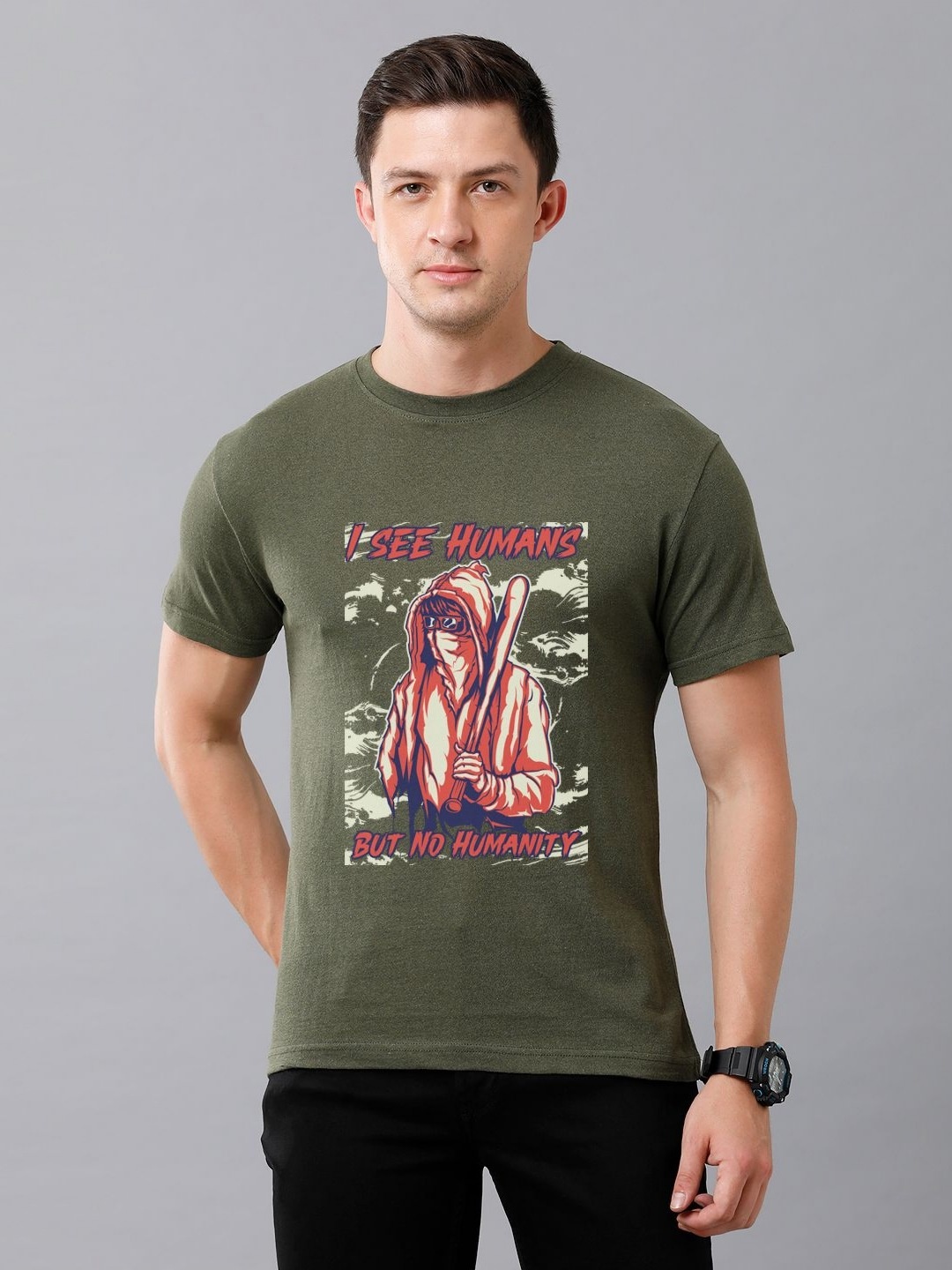 

Moda Rapido Men Graphic Printed Round Neck Cotton T-shirt, Olive