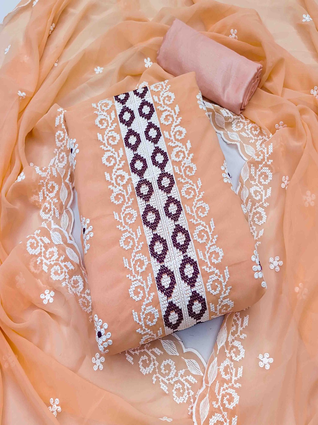 

KIMISHA Floral Embroidered Unstitched Dress Material, Orange