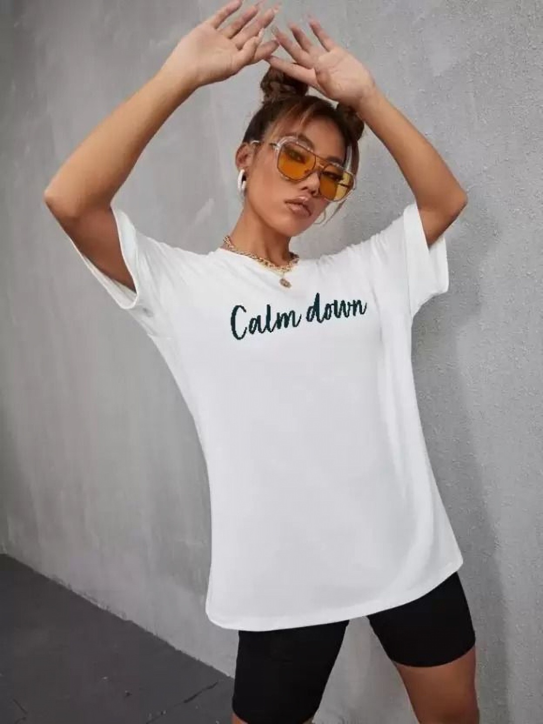 

KASHIAN Women Typography Printed Round Neck Cotton Oversized T-shirt, White