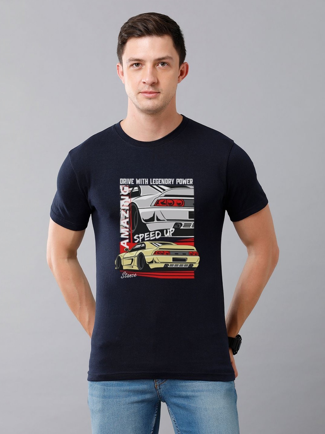 

Moda Rapido Men Cars Graphic Printed Round Neck Cotton T-shirt, Navy blue