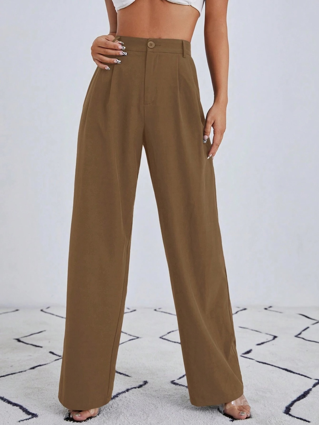

FNOCKS Women Relaxed Straight Leg High-Rise Trousers, Brown
