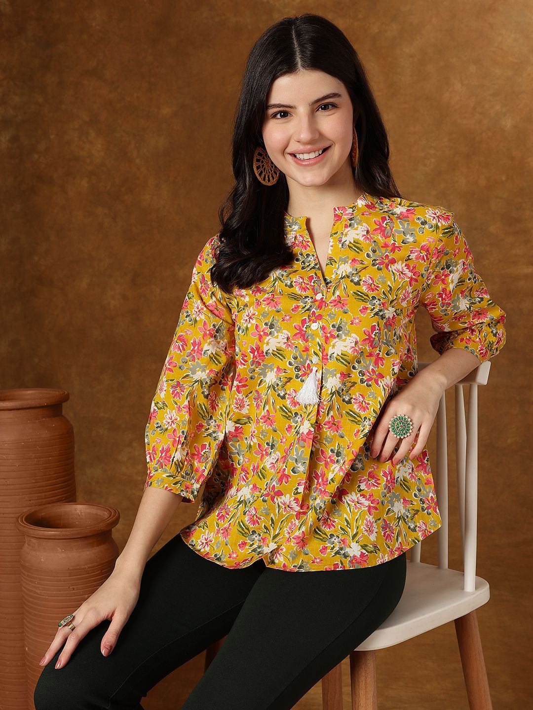 

KALINI Women Floral Printed Mandarin Collar Puff Sleeves Cotton Top, Mustard