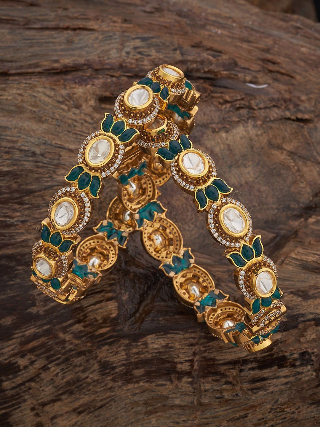 

Kushal's Fashion Jewellery Set Of 2 Victorian-Plated Kundan-Studded Bangles, Gold