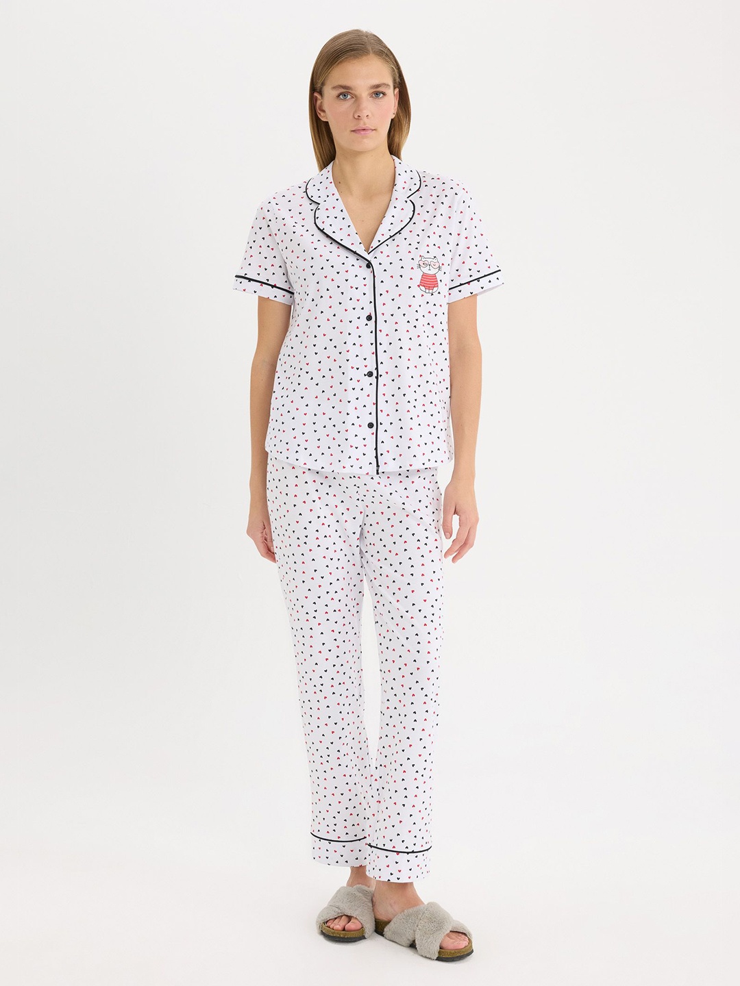

DeFacto Printed Lapel Collar Pure Cotton Shirt With Pyjama, White
