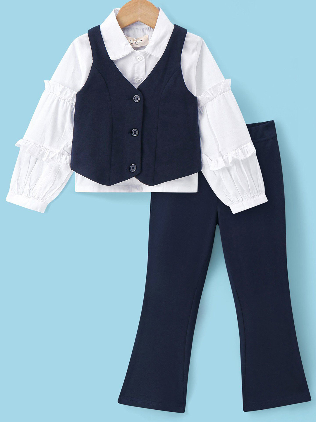 

ARIAS By LARA DUTTA Girls Long Sleeves Pure Cotton Shirt With Trousers And Waistcoat, Navy blue