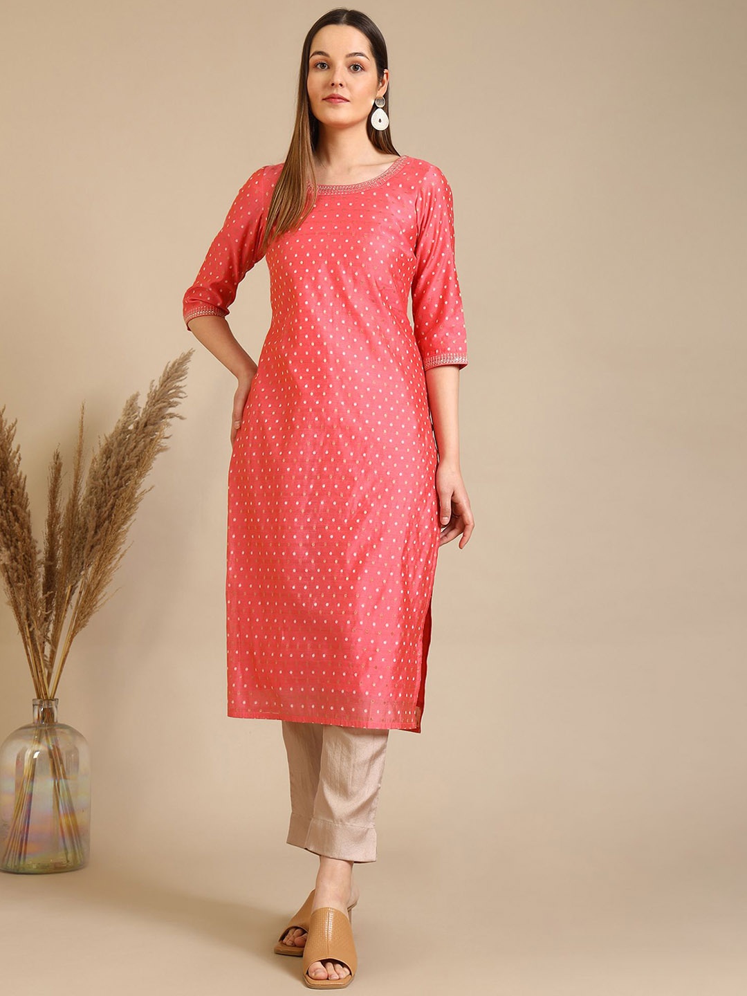 

AURELIA Ethnic Motifs Woven Design Round Neck Straight Kurta, Pink