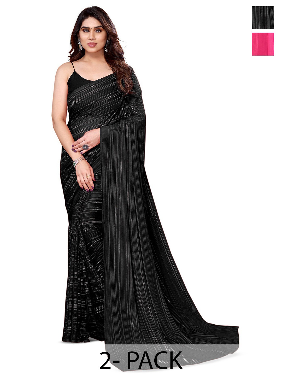 

Moda Rapido Set of 2 Striped Satin Saree Sarees, Black