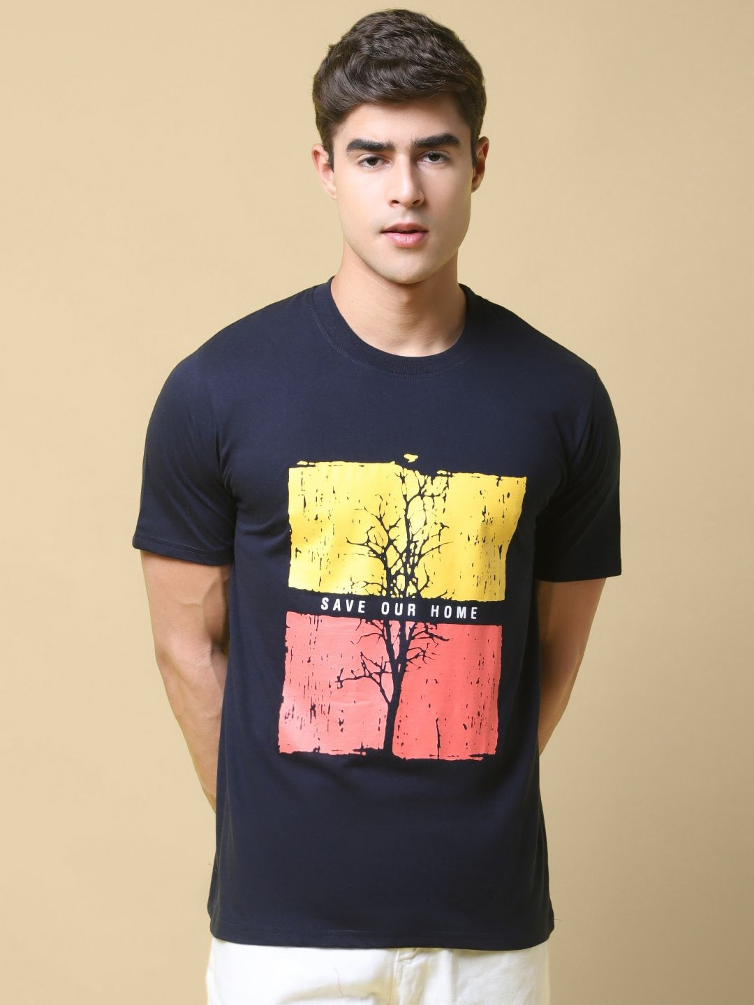 

SZN Men Graphic Printed Round Neck Cotton T-shirt, Navy blue