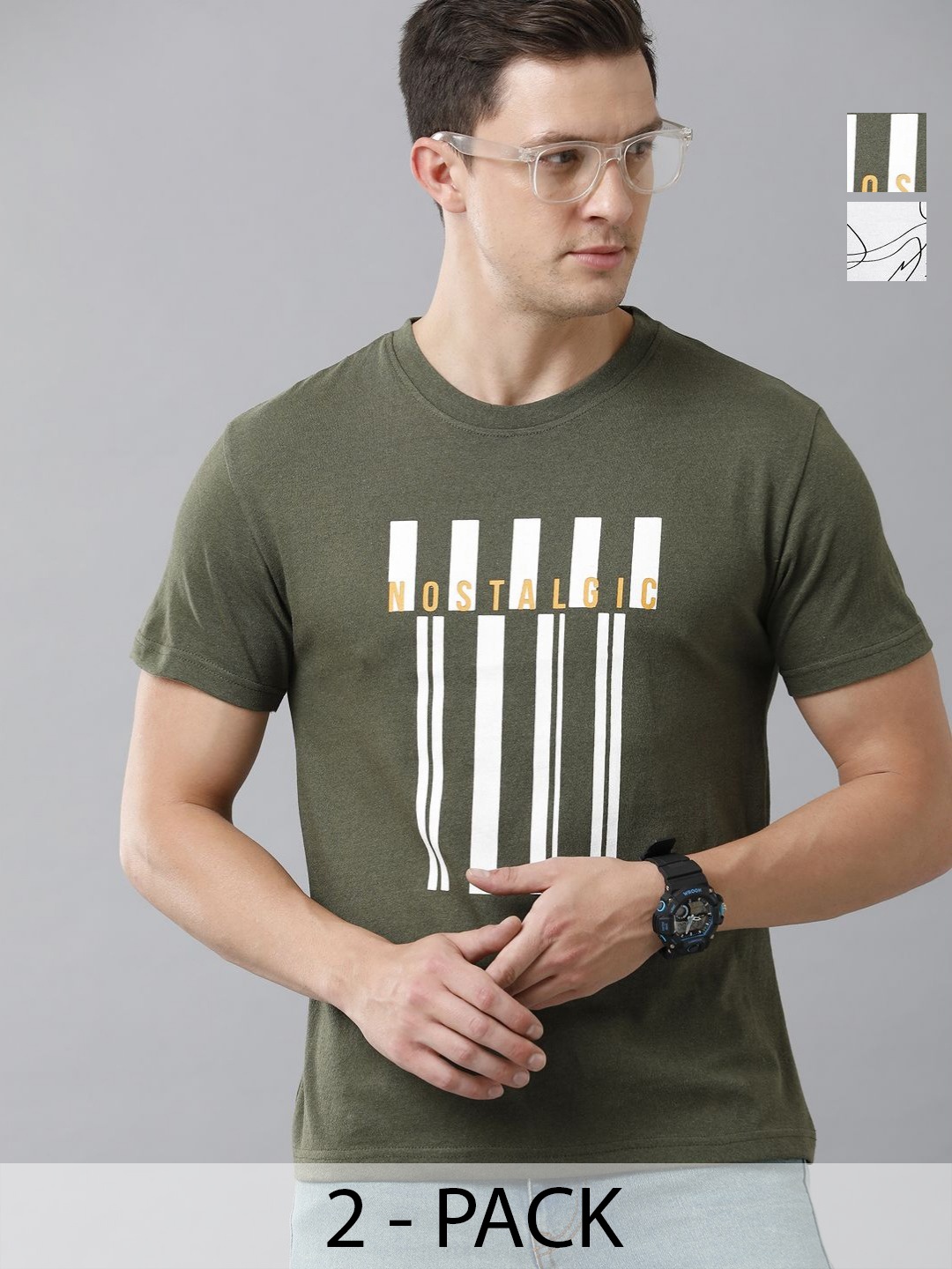 

Moda Rapido Men Pack Of 2 Graphic Printed Round Neck Regular Fit Cotton T-shirts, Olive