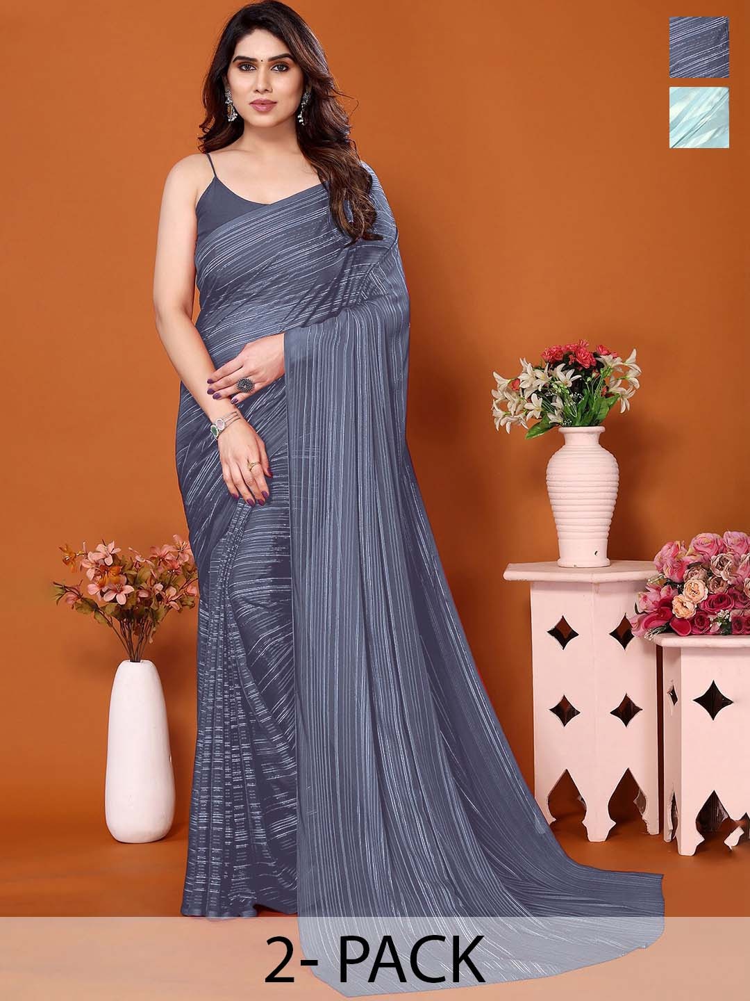 

Moda Rapido Pack Of 2 Striped Satin Saree, Grey
