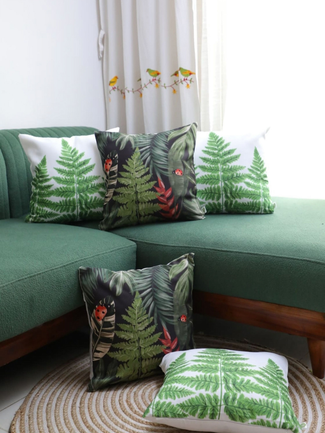 

LUSHLYF Our Lady Beetle Night X Ferns In Bloom Green 5 Pcs Printed Velvet Cushion Covers, White