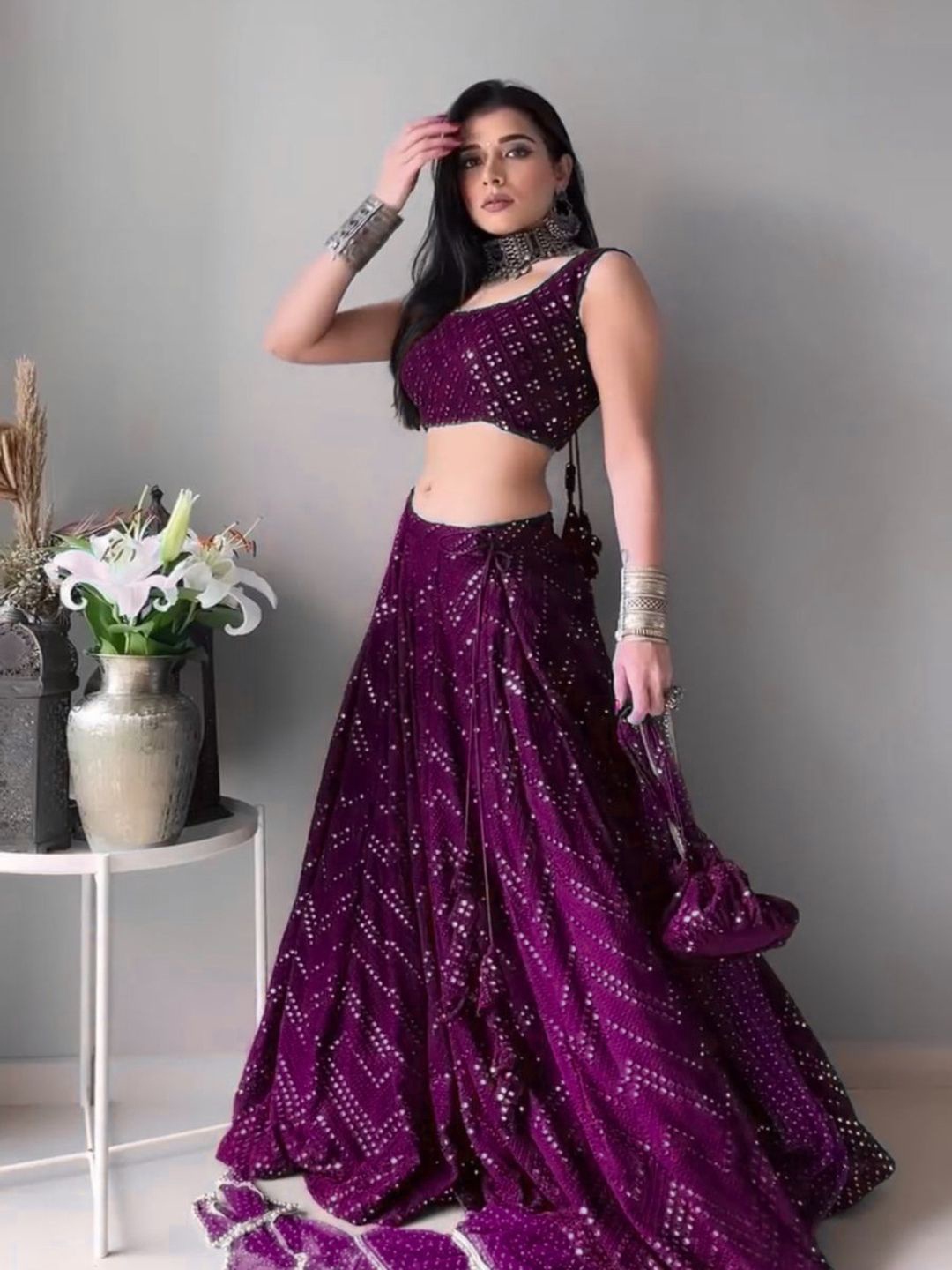 

ZAALIMA FASHION Embroidered Semi-Stitched Lehenga & Unstitched Blouse With Dupatta, Purple