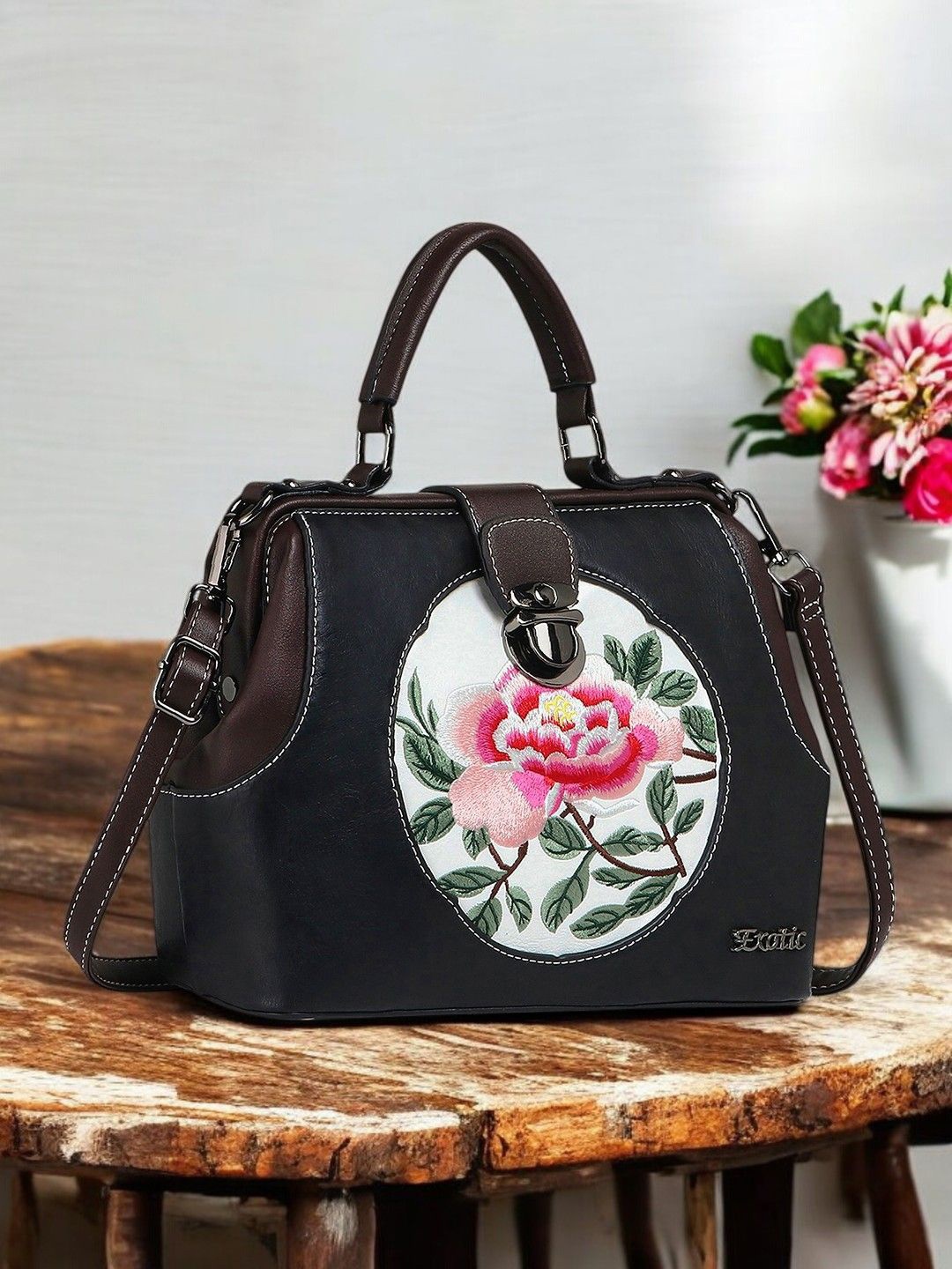 

Exotic Women Floral Printed Crossbody Leather Sling Bag, Black