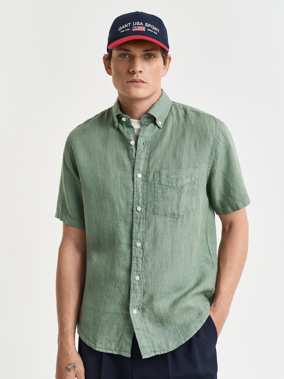 

GANT Men Button-Down Regular Garment Dyed Linen Casual Shirt, Green